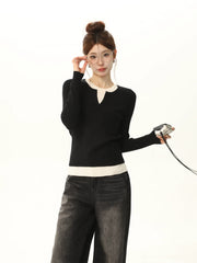 Rundhals-Strickpullover mit Farbblock-Design und langen Ärmeln