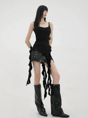 Schwarzes, asymmetrisches Tanktop mit Bändern und Rüschensaum