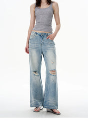 Jeans mit heller Waschung, mittelhohem Bund und weitem Bein