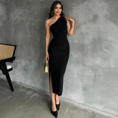 Asymmetrisches, schulterfreies Midi-Bodycon-Kleid mit kurzen Ärmeln, einseitig schulterfrei, HB75620 