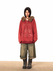 Vintage-Jacke mit Pelzbesatz und Reißverschluss