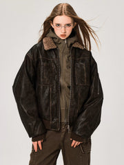 PU-Lederjacke mit Kragen aus Lammwolle