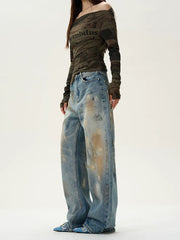 Used-Look blaue Baggy-Jeans mit weitem Bein