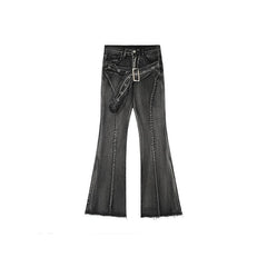 Rayohopp Retro Schlagjeans aus Denim – Used-Look Grau mit abnehmbarem Gürtel und offenem Saum