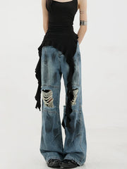 Vintage-Jeans mit Used-Look und Used-Finish, Patchwork-Design und weitem Bein
