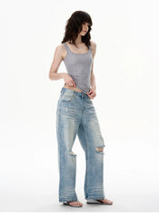 Jeans mit heller Waschung, mittelhohem Bund und weitem Bein
