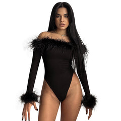 Sexy Slim Hairy One-Shoulder Langarm-Body