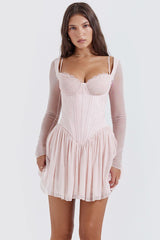 Französisches Kleid mit Mesh-Spitze und Fischgrätenmuster