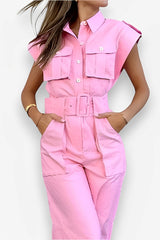 Barbie-rosa Jumpsuit mit schrägen Schultern