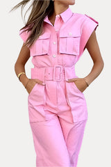 Barbie-rosa Jumpsuit mit schrägen Schultern