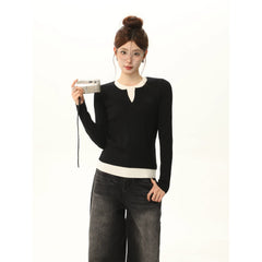 Rundhals-Strickpullover mit Farbblock-Design und langen Ärmeln