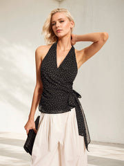 Ärmelloses Tanktop mit Polka-Dots, Neckholder und Bindegürtel