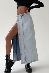 Amerikanischer Retro-Jeansrock mit Schlitz, lang