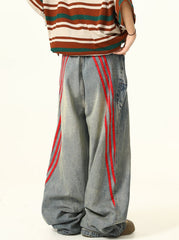 Rote Jeans mit drei Streifen, weitem Bein und heller Waschung