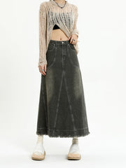 Jeans-Midirock mit ausgefranstem Saum