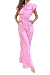 Barbie-rosa Jumpsuit mit schrägen Schultern