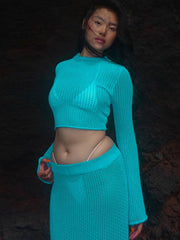 Set aus blauem Langarm-Top mit Rundhalsausschnitt und schmal geschnittenem Rock 