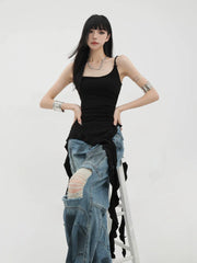 Schwarzes, asymmetrisches Tanktop mit Bändern und Rüschensaum