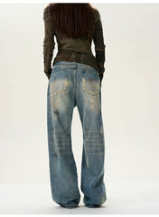 Used-Look blaue Baggy-Jeans mit weitem Bein