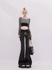 Rayohopp Retro Schlagjeans aus Denim – Used-Look Grau mit abnehmbarem Gürtel und offenem Saum