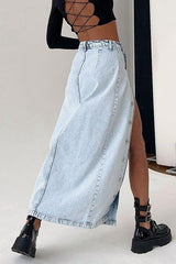 Amerikanischer Retro-Jeansrock mit Schlitz, lang