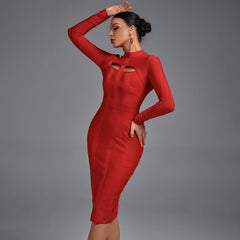 Hochgeschlossenes, langärmeliges, knielanges Bandagenkleid mit Cut-outs
