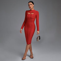 Hochgeschlossenes, langärmeliges, knielanges Bandagenkleid mit Cut-outs