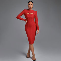 Hochgeschlossenes, langärmeliges, knielanges Bandagenkleid mit Cut-outs
