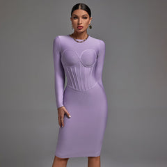 Gestreiftes Midi-Bandagenkleid mit Rundhalsausschnitt und langen Ärmeln