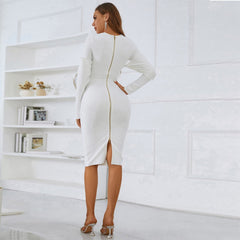 Rundhalsausschnitt, lange Ärmel, Midi-Länge, Rüschen-Bandagenkleid PZL3001