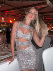 Strass-Minikleid mit 3D-Blumenmuster und figurbetonter Passform