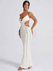 Weißes, figurbetontes Spaghetti-Kleid aus hohlem Strick