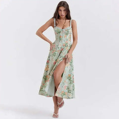 Bedrucktes Trägerkleid in A-Linie mit Schlitz, Midi-Länge