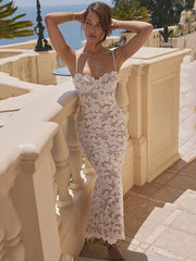Ärmelloses, figurbetontes Kleid mit Blumenmuster und Schnürung
