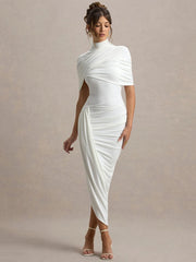 Halbärmeliges, gerafftes Bodycon-Kleid mit Rollkragen und Rollkragen