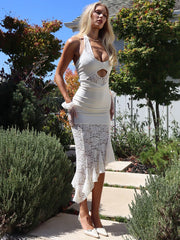 Bodycon-Kleid mit Spitzenbesatz, Rüschen und Neckholder