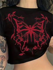 Kurzes Grunge-T-Shirt mit Schmetterlingsprint, tailliert