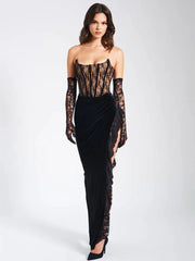 Schwarzes, trägerloses Clubkleid aus Spitze