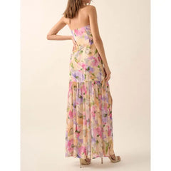 Rüschenkleid mit Schlitz und Blumenmuster, Bandeau-Ausschnitt, Urlaubskleid