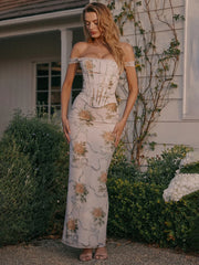 Schulterfreies, rückenfreies Maxikleid mit Blumenmuster