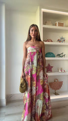 Plissiertes, bedrucktes, trägerloses Boho-Kleid mit hohem Bund und hohem Bund