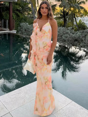 Neckholder-Kleid mit Print, Rüschen, ärmellos, rückenfrei, Urlaubskleid