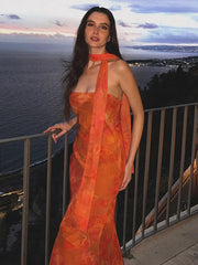 Trägerloses Maxikleid mit Mesh-Print