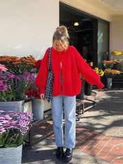 Roter Rundhals-Cardigan mit Knöpfen und langen Ärmeln