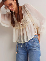 Damen-Chiffonbluse mit Rüschen und Spitze zum Binden