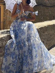 Rückenfreies, tailliertes, ausgestelltes Maxikleid mit Blumenmuster