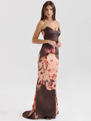 Satin-Maxikleid mit Blumenmuster und Spaghettiträgern