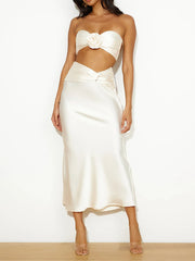 Satin-Blumen-Bandeau-Rock, zweiteiliges Set