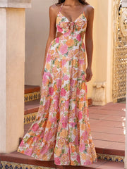 Rüschen-Maxikleid mit V-Ausschnitt und Blumenmuster
