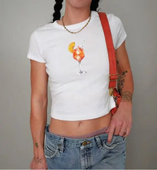 Crop-T-Shirt mit Garnelenprint, schmal geschnitten